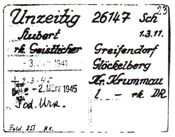 El membrete de sus cartas rezaba así: «Unzeitig Hubert, nacido el 1 de Marzo de 1911, número de prisionero 26.147, bloque 26/2, Dachau K».